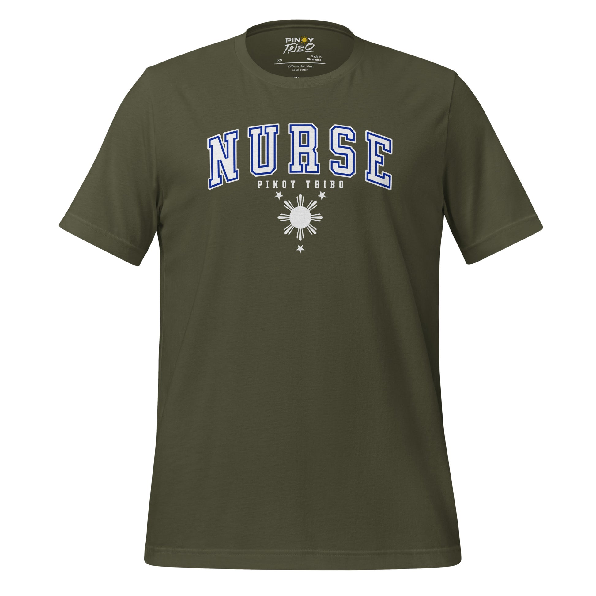 T-shirt with 'Nurse' in collegiate-style text, the words 'Pinoy Tribo,' and a Filipino sun and stars design, part of PINOY TRIBO™'s Filipino-inspired apparel collection.