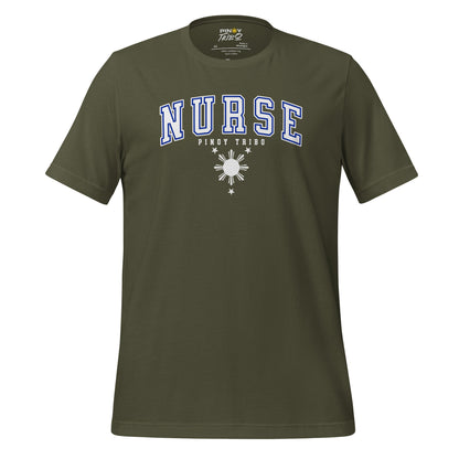 T-shirt with 'Nurse' in collegiate-style text, the words 'Pinoy Tribo,' and a Filipino sun and stars design, part of PINOY TRIBO™'s Filipino-inspired apparel collection.