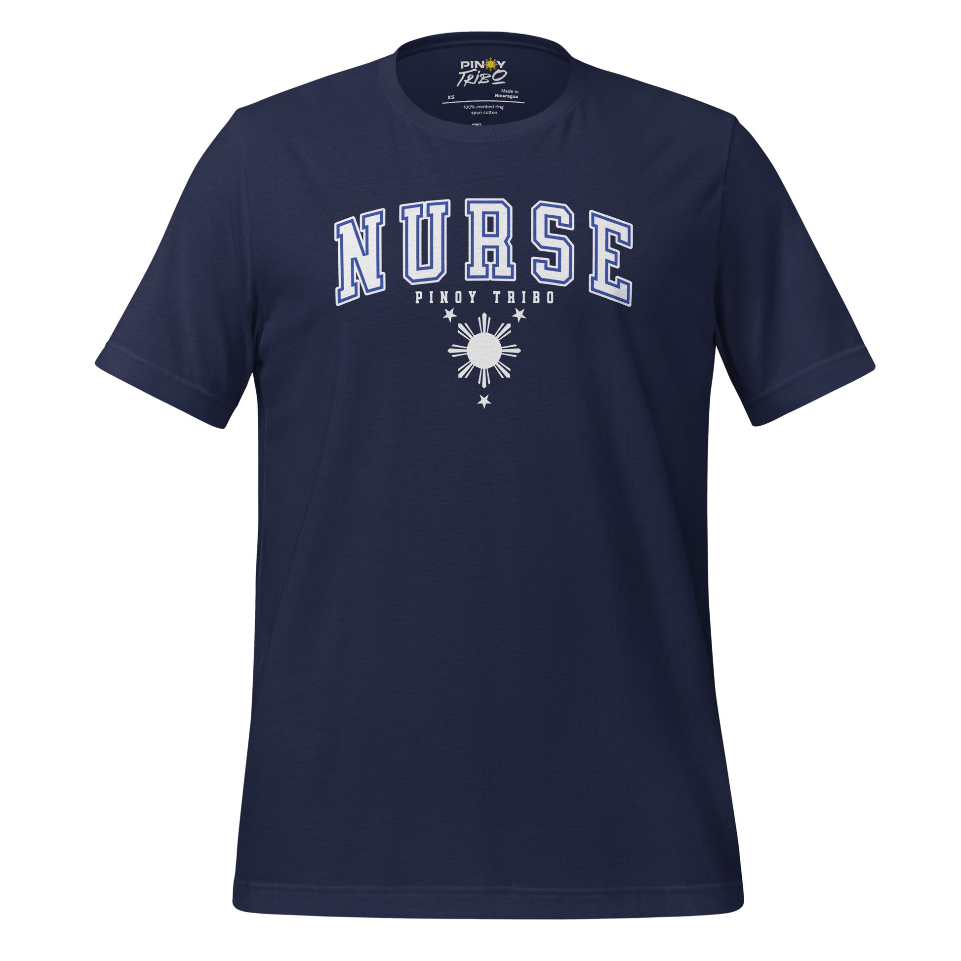 T-shirt with 'Nurse' in collegiate-style text, the words 'Pinoy Tribo,' and a Filipino sun and stars design, part of PINOY TRIBO™'s Filipino-inspired apparel collection.