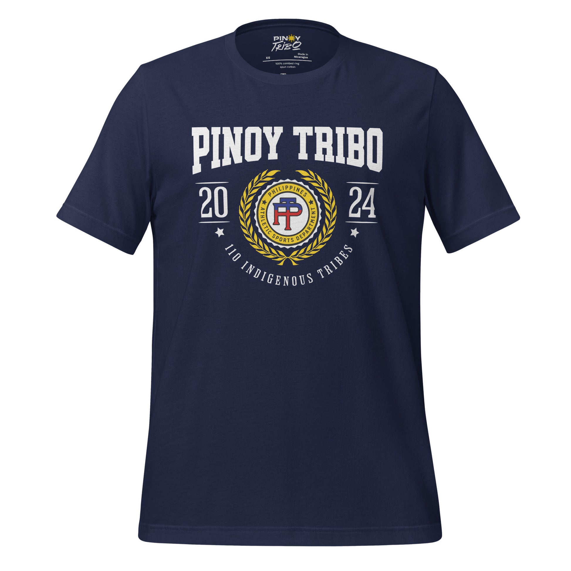 T-shirt featuring a Pinoy Tribo athletic crest design with laurel wreath, '110 Indigenous Tribes,' and 'Philippines Athletic Sports Department' text.