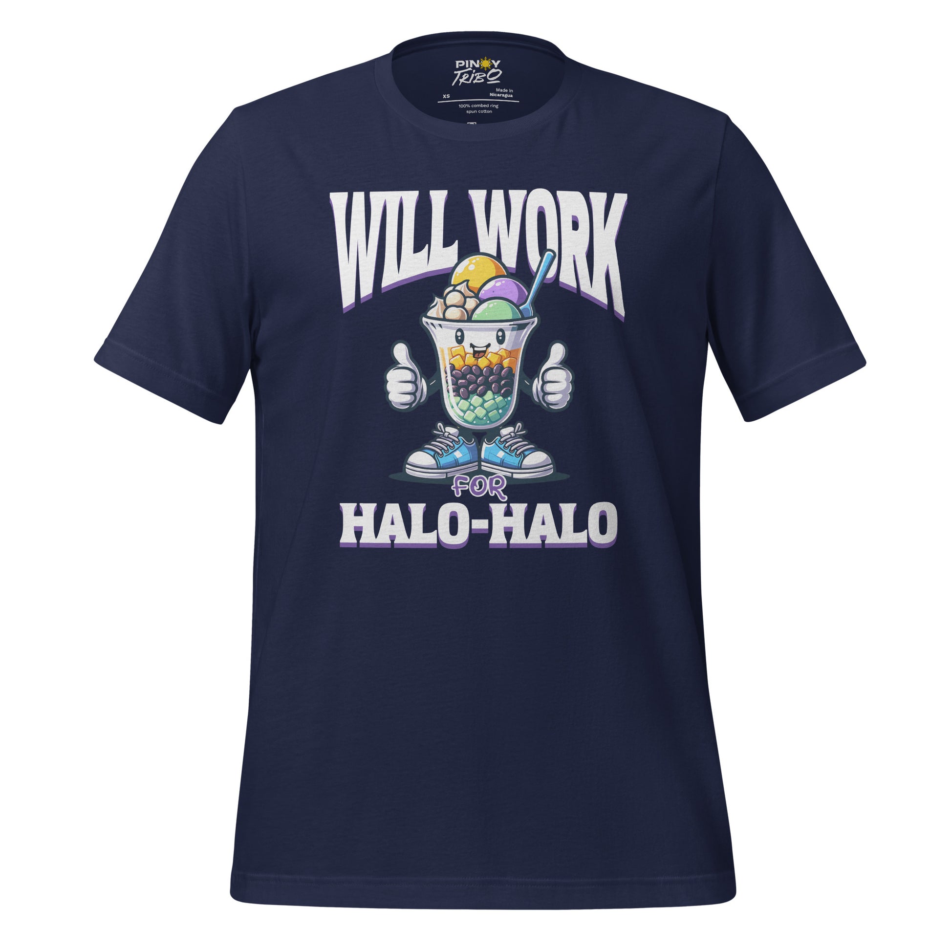 Will Work for Halo-Halo graphic t-shirt featuring a cute, smiling halo-halo dessert character with sneakers and thumbs up, styled in a fun and colorful Filipino-inspired design.