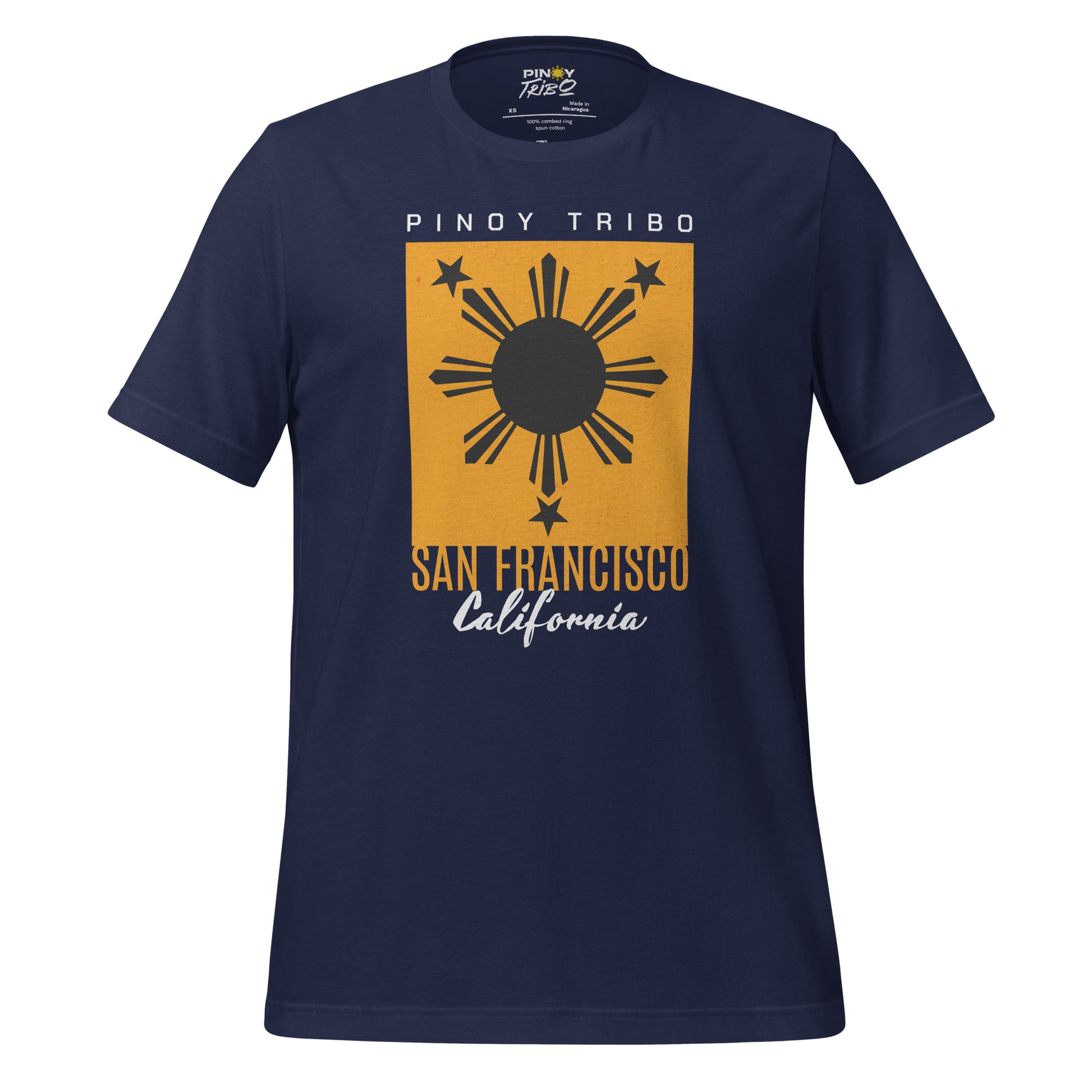 San Francisco California Filipino Sun graphic t-shirt featuring the Philippine sun and three stars in a minimalist, bold design representing Filipino heritage and Pinoy pride.