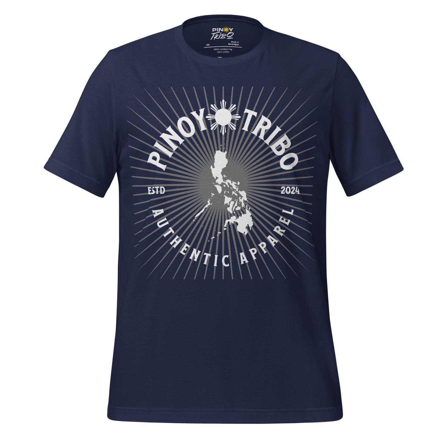 PINOY TRIBO tee design with a sunburst background, Philippines map in the center, and bold text reading Authentic Apparel ESTD 2024.