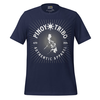 PINOY TRIBO tee design with a sunburst background, Philippines map in the center, and bold text reading Authentic Apparel ESTD 2024.