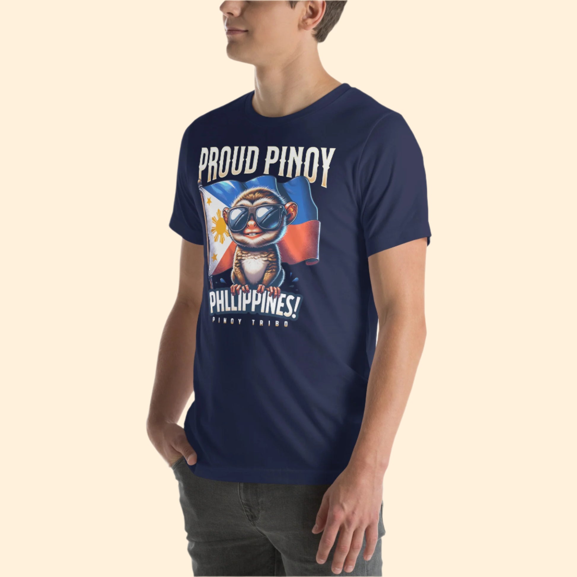 Proud Pinoy Philippines graphic t-shirt featuring a tarsier with sunglasses, standing in front of the Philippine flag, representing Filipino pride and culture.