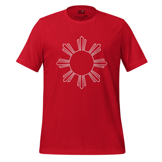 A minimalist t-shirt design featuring a white outline of the iconic Philippine sun, symbolizing Filipino pride and heritage.