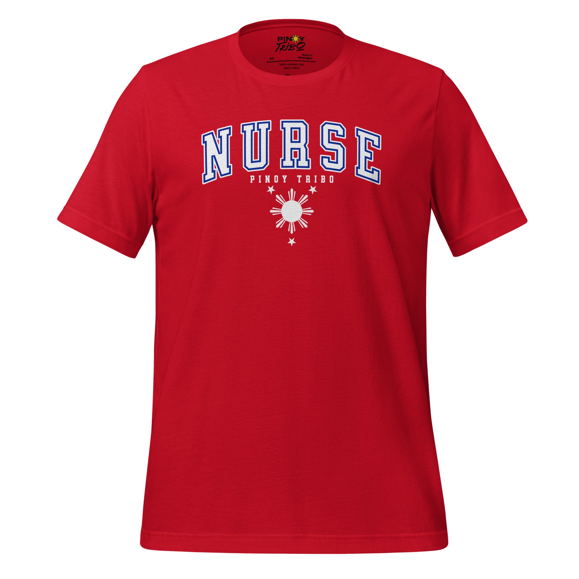 T-shirt with 'Nurse' in collegiate-style text, the words 'Pinoy Tribo,' and a Filipino sun and stars design, part of PINOY TRIBO™'s Filipino-inspired apparel collection.