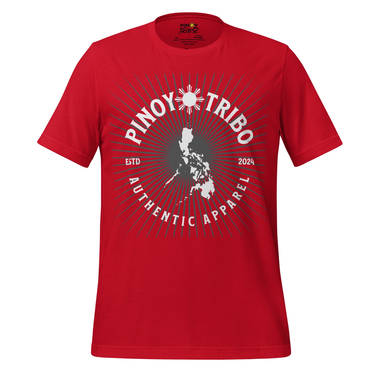 PINOY TRIBO tee design with a sunburst background, Philippines map in the center, and bold text reading Authentic Apparel ESTD 2024.