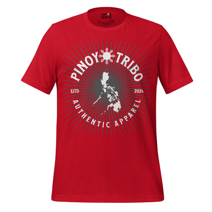 PINOY TRIBO tee design with a sunburst background, Philippines map in the center, and bold text reading Authentic Apparel ESTD 2024.