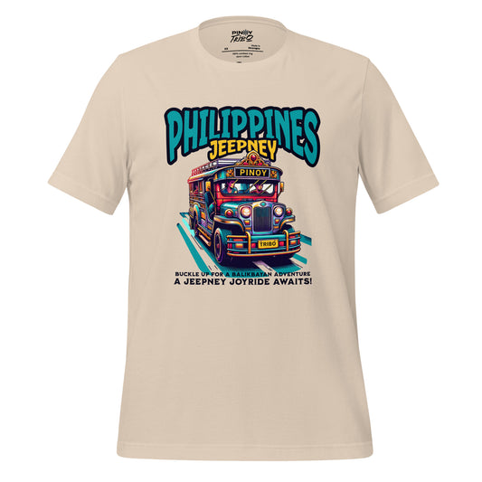 Colorful jeepney graphic with 'Philippines Jeepney' text and a callout for a balikbayan adventure on a Filipino heritage t-shirt.