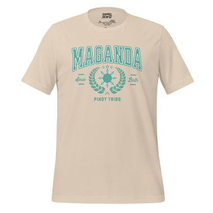 A "Maganda Since Birth" graphic tee featuring bold varsity-style lettering, laurel wreaths, and the Philippine sun and stars design, celebrating Filipino pride and beauty.