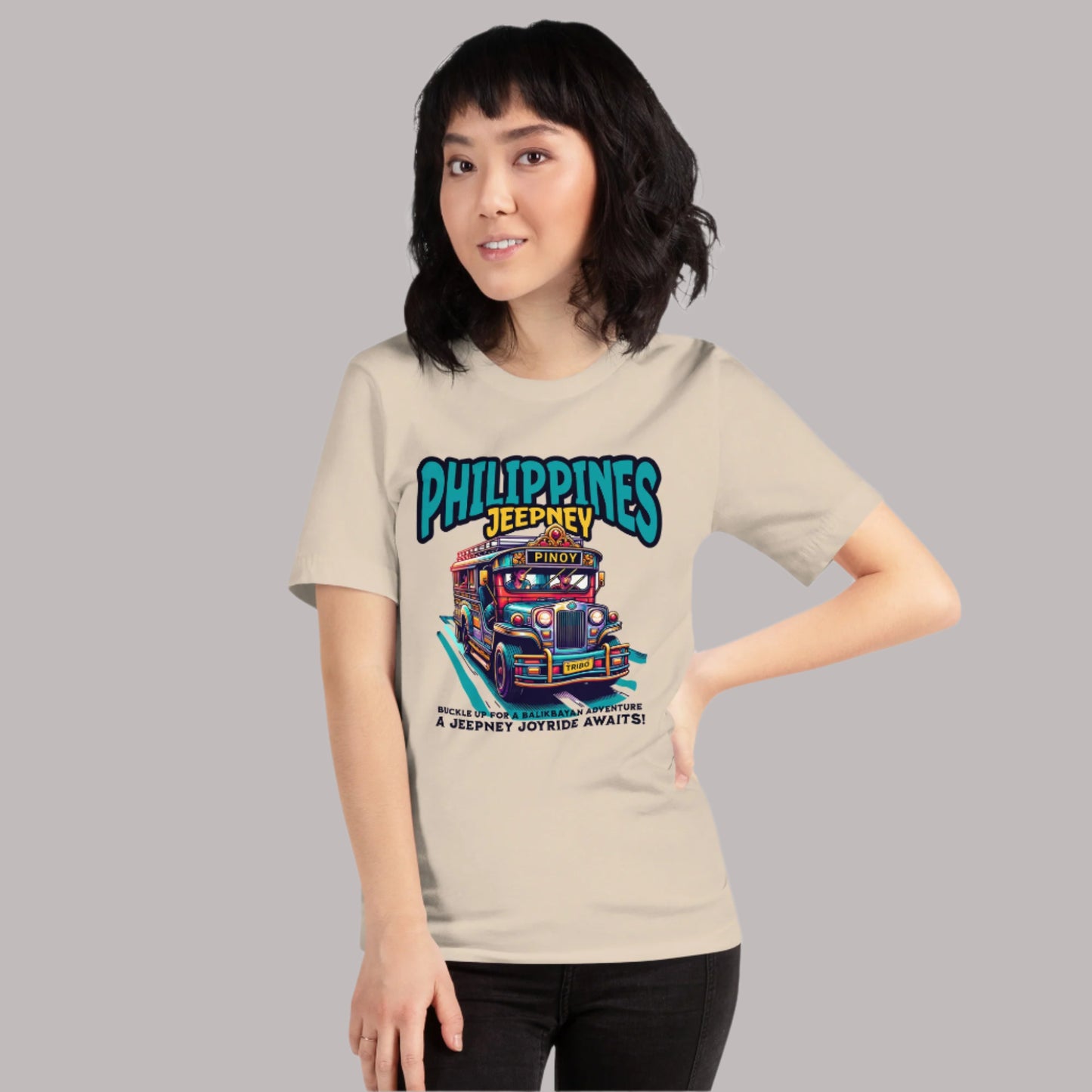 Colorful jeepney graphic with 'Philippines Jeepney' text and a callout for a balikbayan adventure on a Filipino heritage t-shirt.