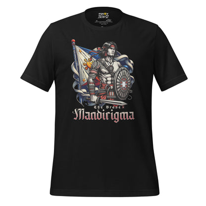 Filipino warrior Mandirigma graphic tee featuring intricate tribal armor, a shield, and the Philippine flag, symbolizing Filipino strength and pride.