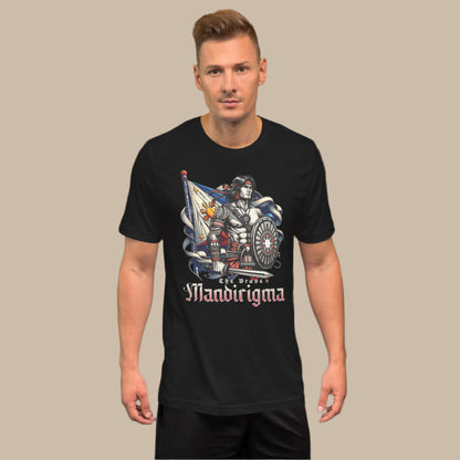 Filipino warrior Mandirigma graphic tee featuring intricate tribal armor, a shield, and the Philippine flag, symbolizing Filipino strength and pride.