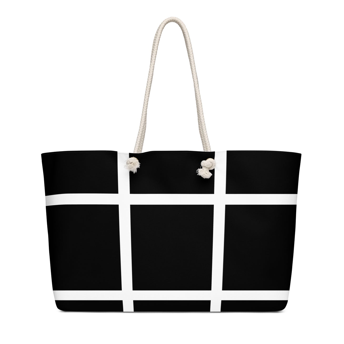 Weekender bag with a black-and-white grid design and Pinoy Tribo logo at the center, featuring rope handles.