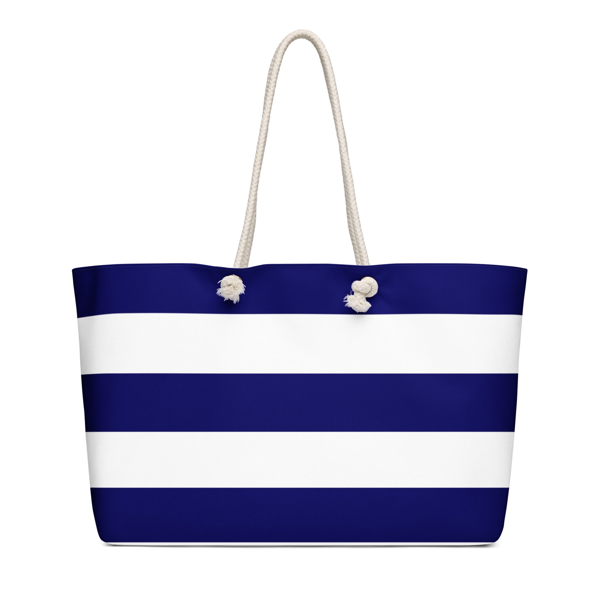 Weekender bag with navy and white stripes, Pinoy Tribo logo at the center, and rope handles.