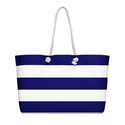 Weekender bag with navy and white stripes, Pinoy Tribo logo at the center, and rope handles.