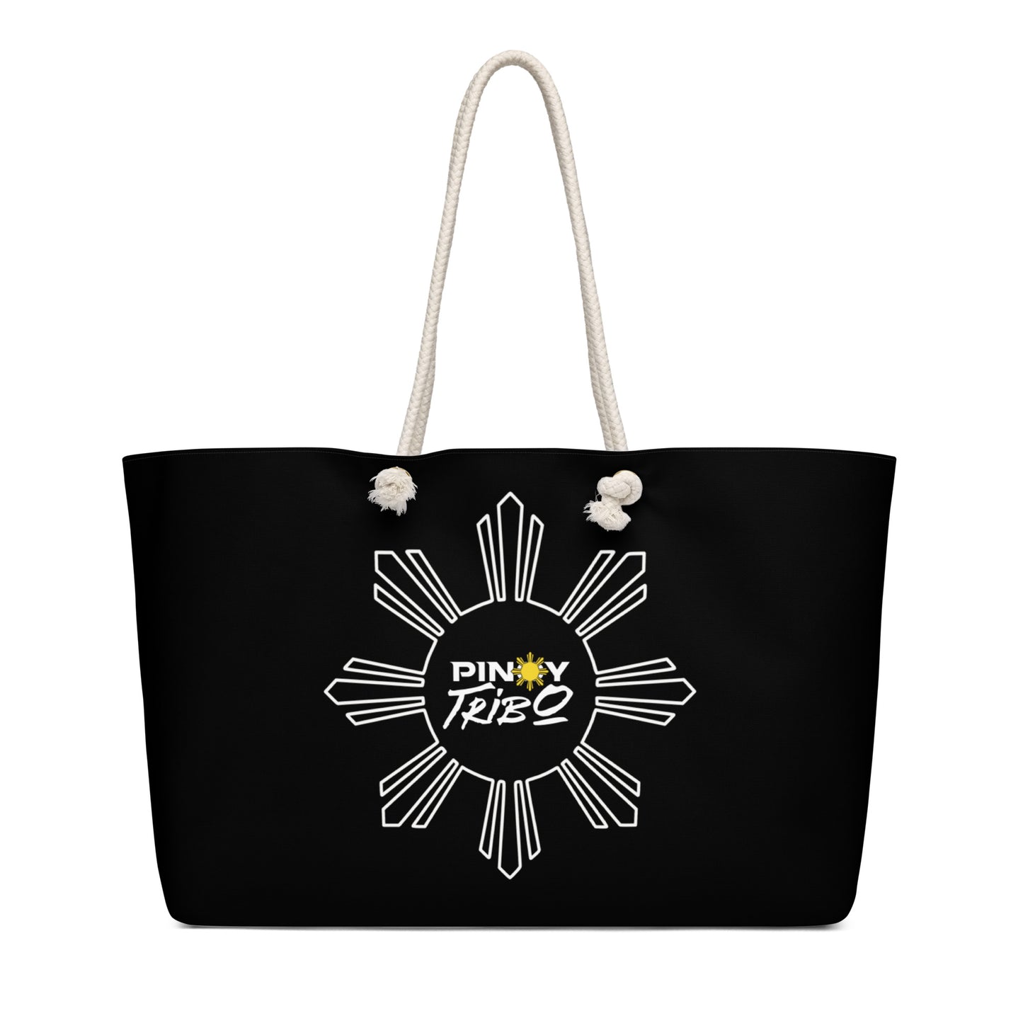 Weekender bag featuring a sunburst design with the Pinoy Tribo logo and rope handles, inspired by Filipino pride and culture.