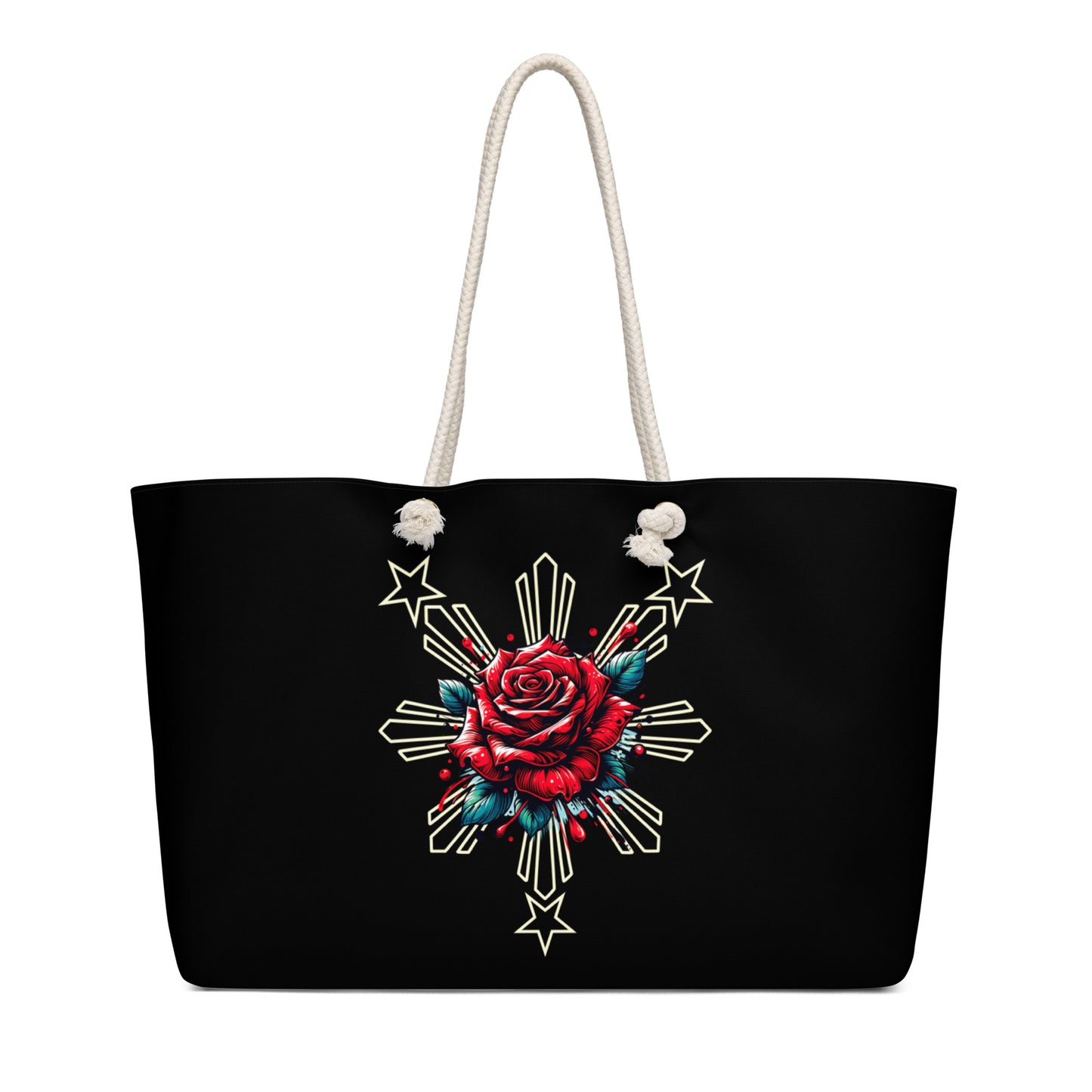 Weekender bag with a rose and sunburst three-star Filipino design on a black background with rope handles.