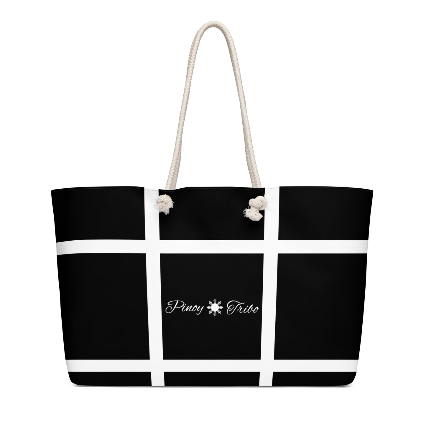 Weekender bag with a black-and-white grid design and Pinoy Tribo logo at the center, featuring rope handles.