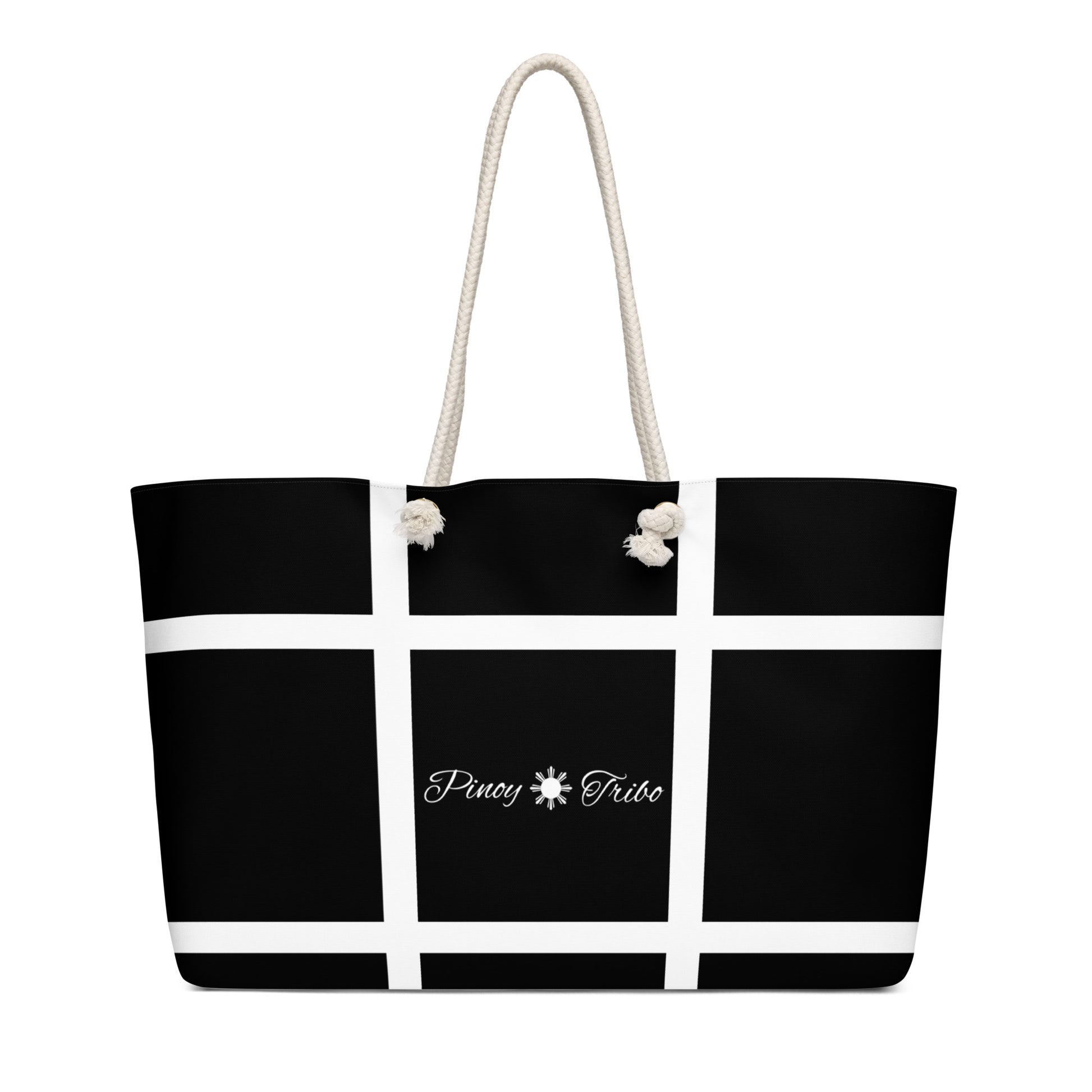 Weekender bag with a black-and-white grid design and Pinoy Tribo logo at the center, featuring rope handles.