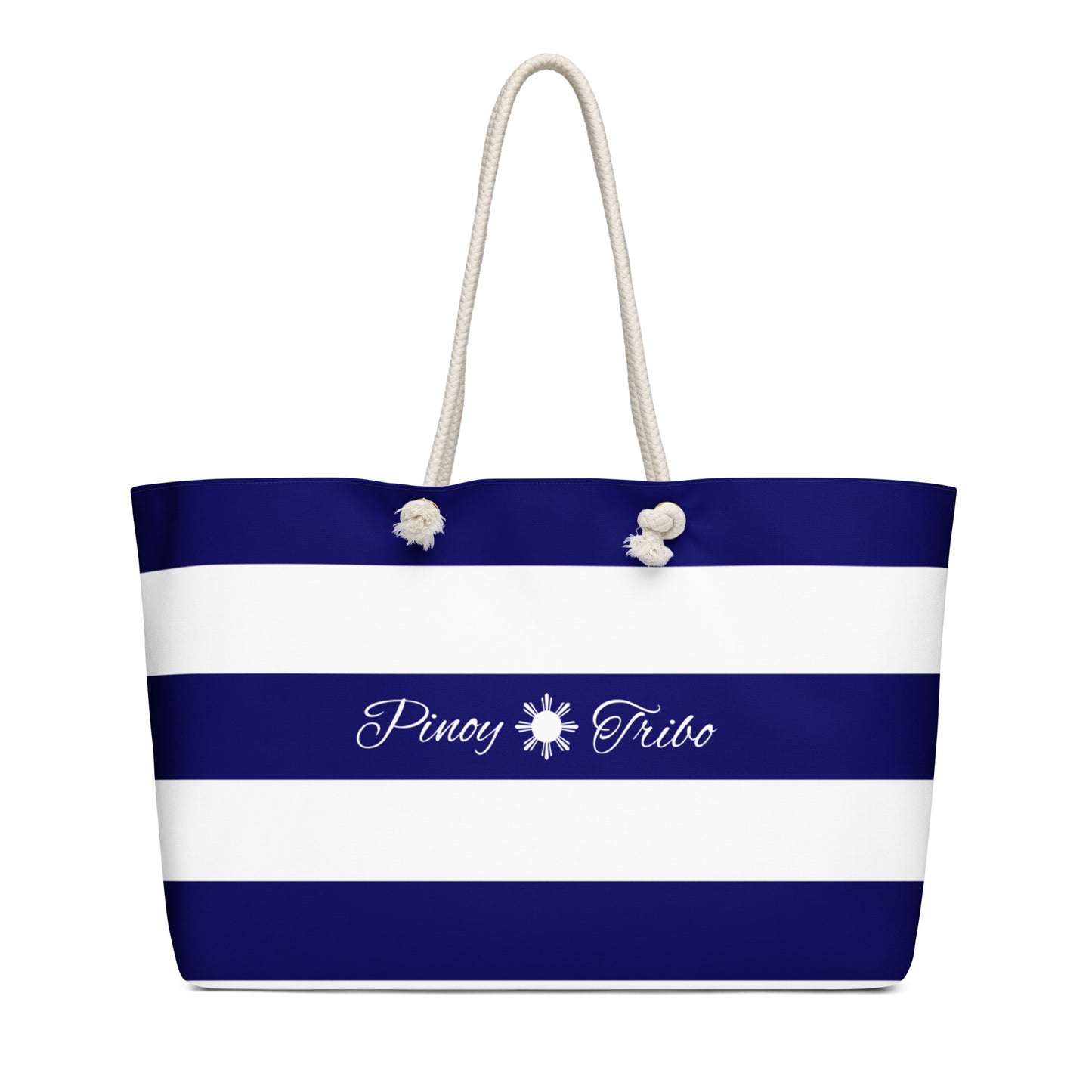 Weekender bag with navy and white stripes, Pinoy Tribo logo at the center, and rope handles.