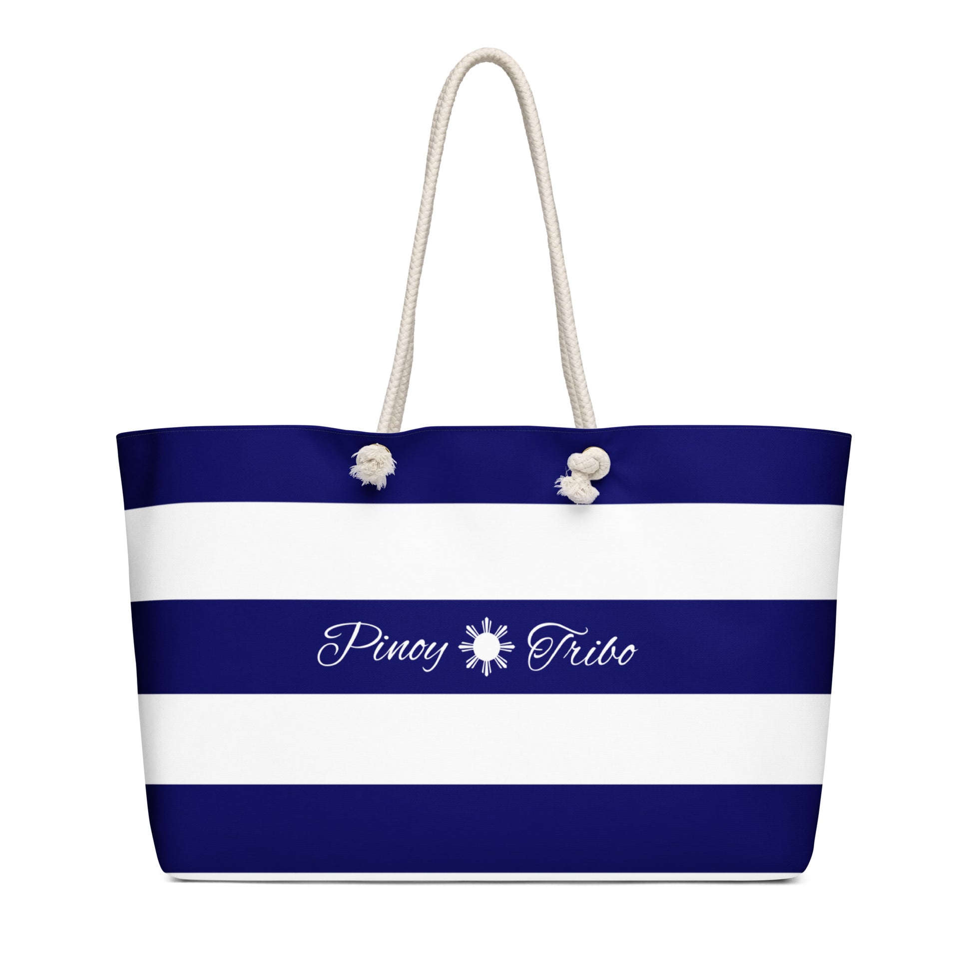 Weekender bag with navy and white stripes, Pinoy Tribo logo at the center, and rope handles.