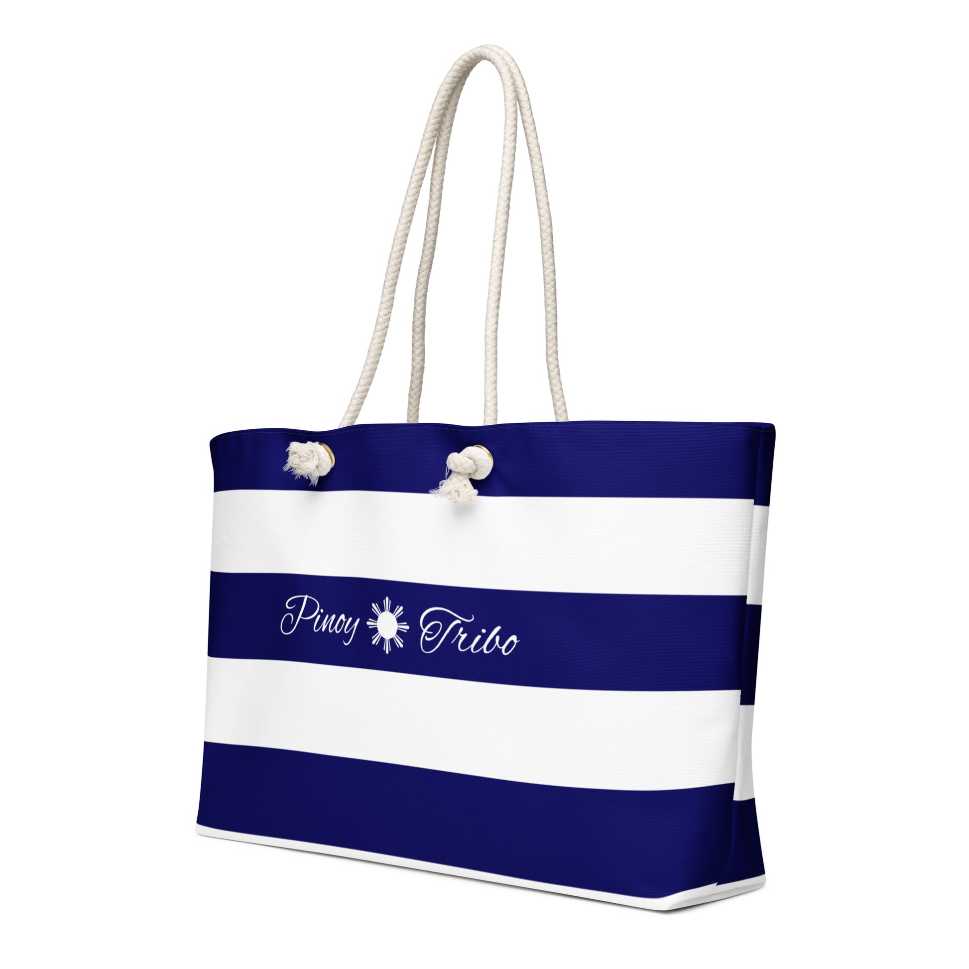 Weekender bag with navy and white stripes, Pinoy Tribo logo at the center, and rope handles.