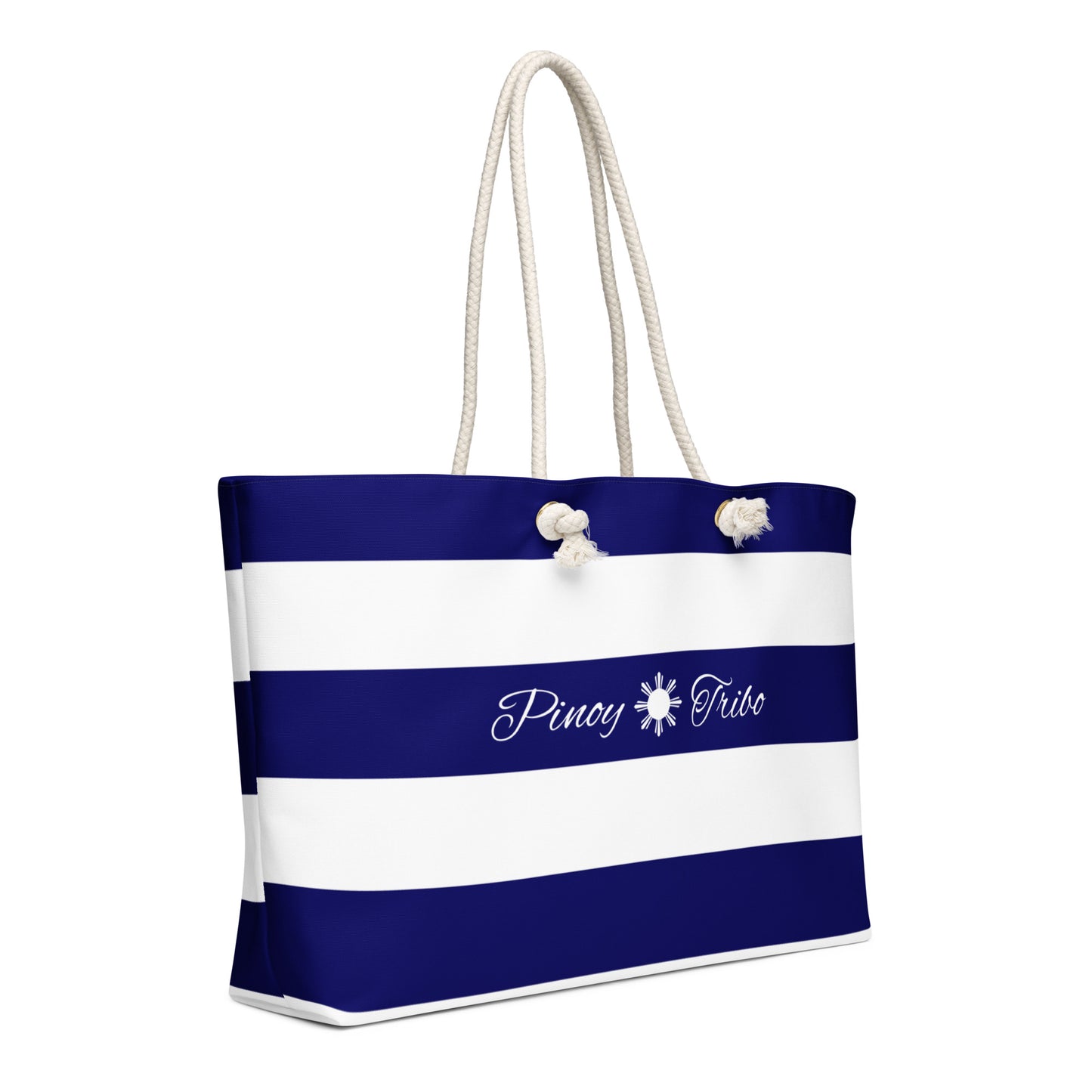 Weekender bag with navy and white stripes, Pinoy Tribo logo at the center, and rope handles.
