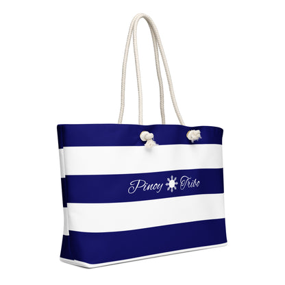 Weekender bag with navy and white stripes, Pinoy Tribo logo at the center, and rope handles.