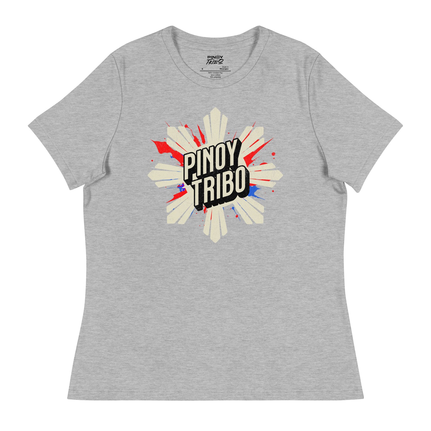 Pinoy Tribo logo featuring a bold sunburst design with splashes of red and blue, symbolizing Filipino heritage and pride.