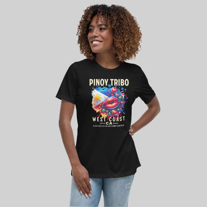 Vibrant design featuring bold red lips, cherries, and the Philippine flag with splashes of color, representing joy, sweetness, and Filipino pride.