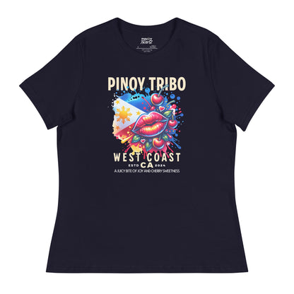 Vibrant design featuring bold red lips, cherries, and the Philippine flag with splashes of color, representing joy, sweetness, and Filipino pride.