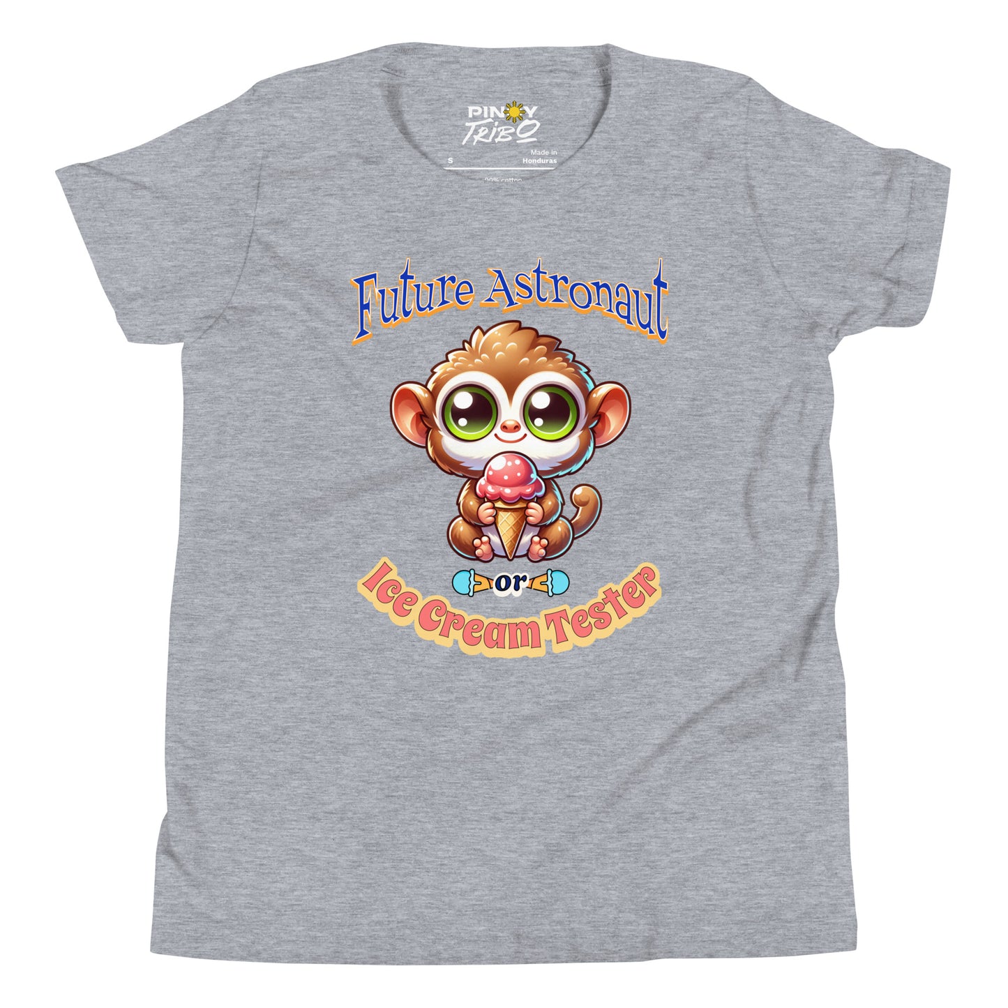 Cute cartoon Philippine tarsier named Taro holding an ice cream cone with “Future Astronaut or Ice Cream Tester” text on a youth t-shirt design.