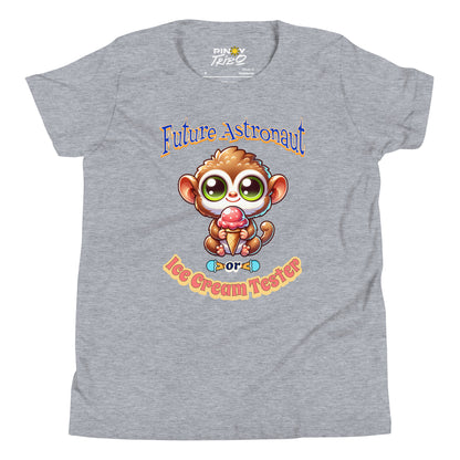 Cute cartoon Philippine tarsier named Taro holding an ice cream cone with “Future Astronaut or Ice Cream Tester” text on a youth t-shirt design.
