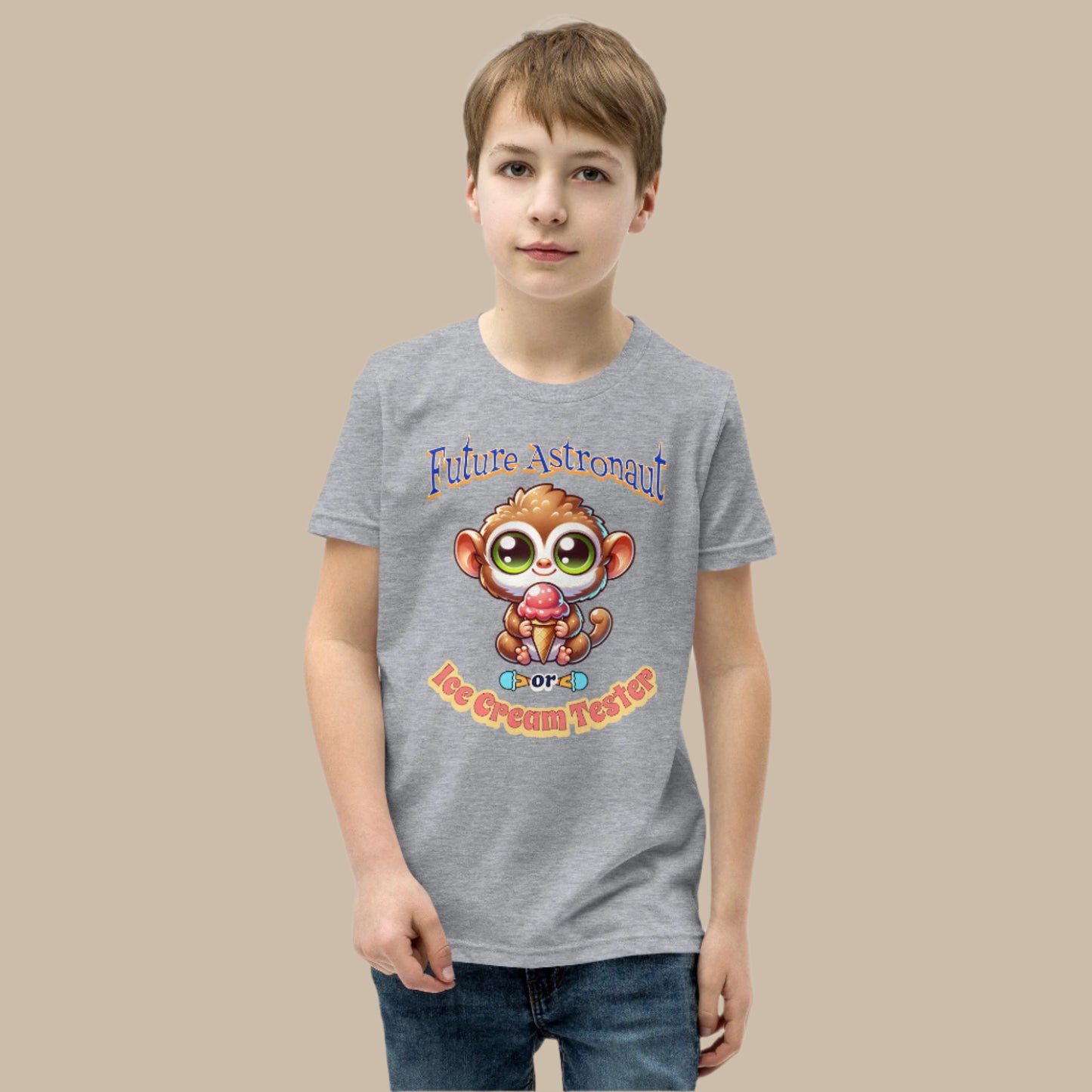 Cute cartoon Philippine tarsier named Taro holding an ice cream cone with “Future Astronaut or Ice Cream Tester” text on a youth t-shirt design.