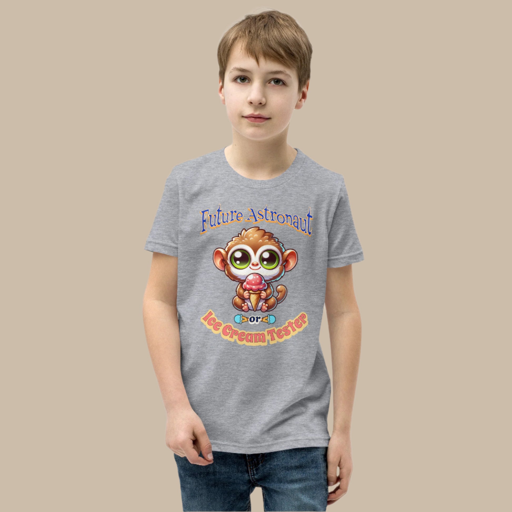 Cute cartoon Philippine tarsier named Taro holding an ice cream cone with “Future Astronaut or Ice Cream Tester” text on a youth t-shirt design.