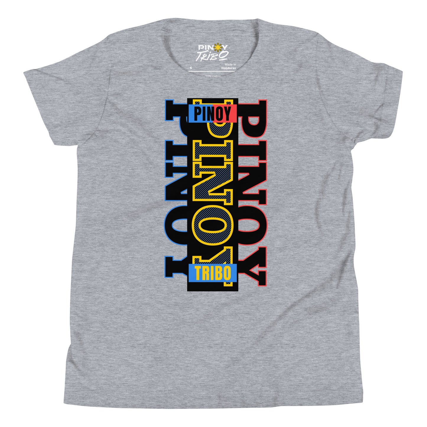 Vertical “Pinoy” text in blue, yellow, and red tri-color design inspired by the Philippine flag on a youth t-shirt.