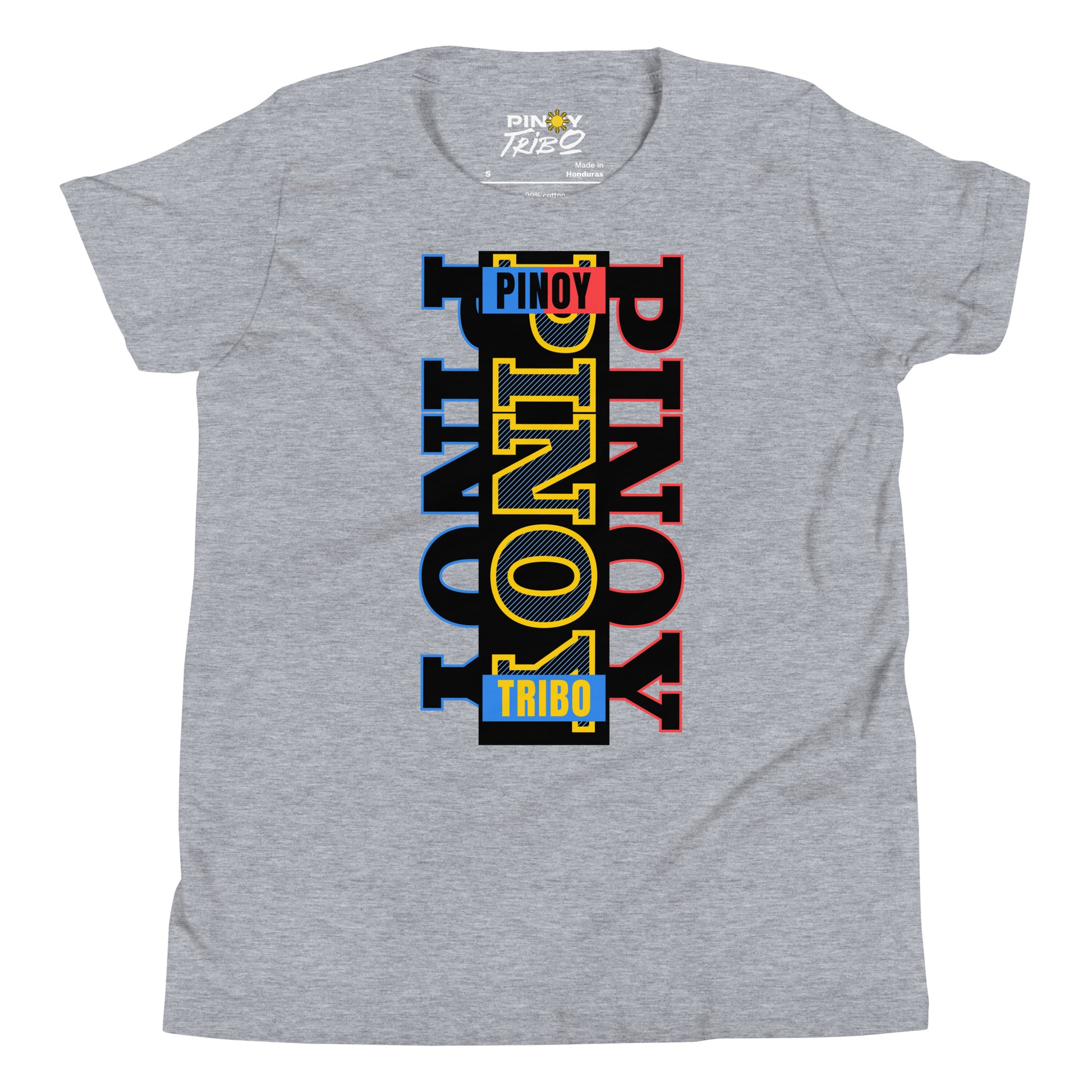Vertical “Pinoy” text in blue, yellow, and red tri-color design inspired by the Philippine flag on a youth t-shirt.