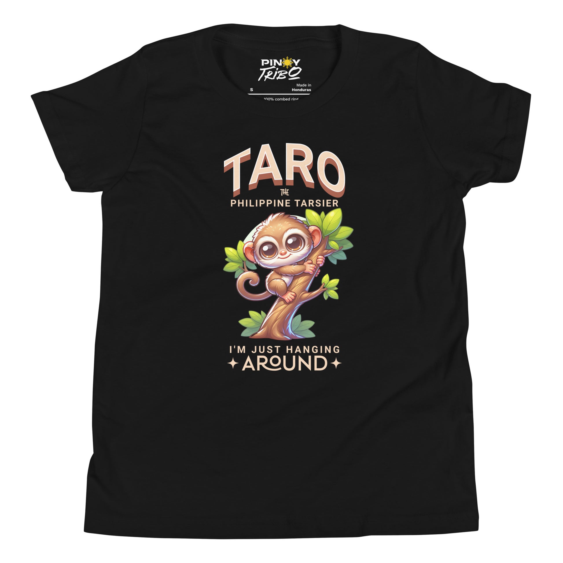 Cartoon Philippine tarsier named Taro hanging on a tree with “I’m just hanging around” text, featured on a Filipino youth t-shirt design.