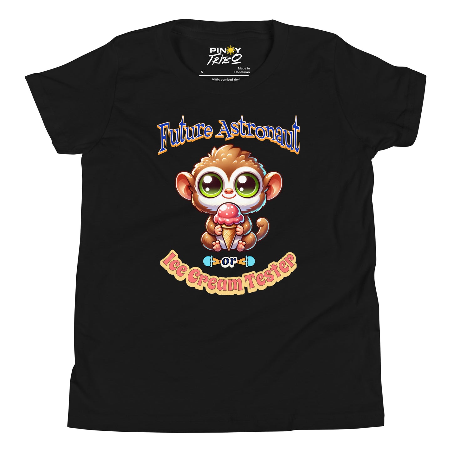 Cute cartoon Philippine tarsier named Taro holding an ice cream cone with “Future Astronaut or Ice Cream Tester” text on a youth t-shirt design.