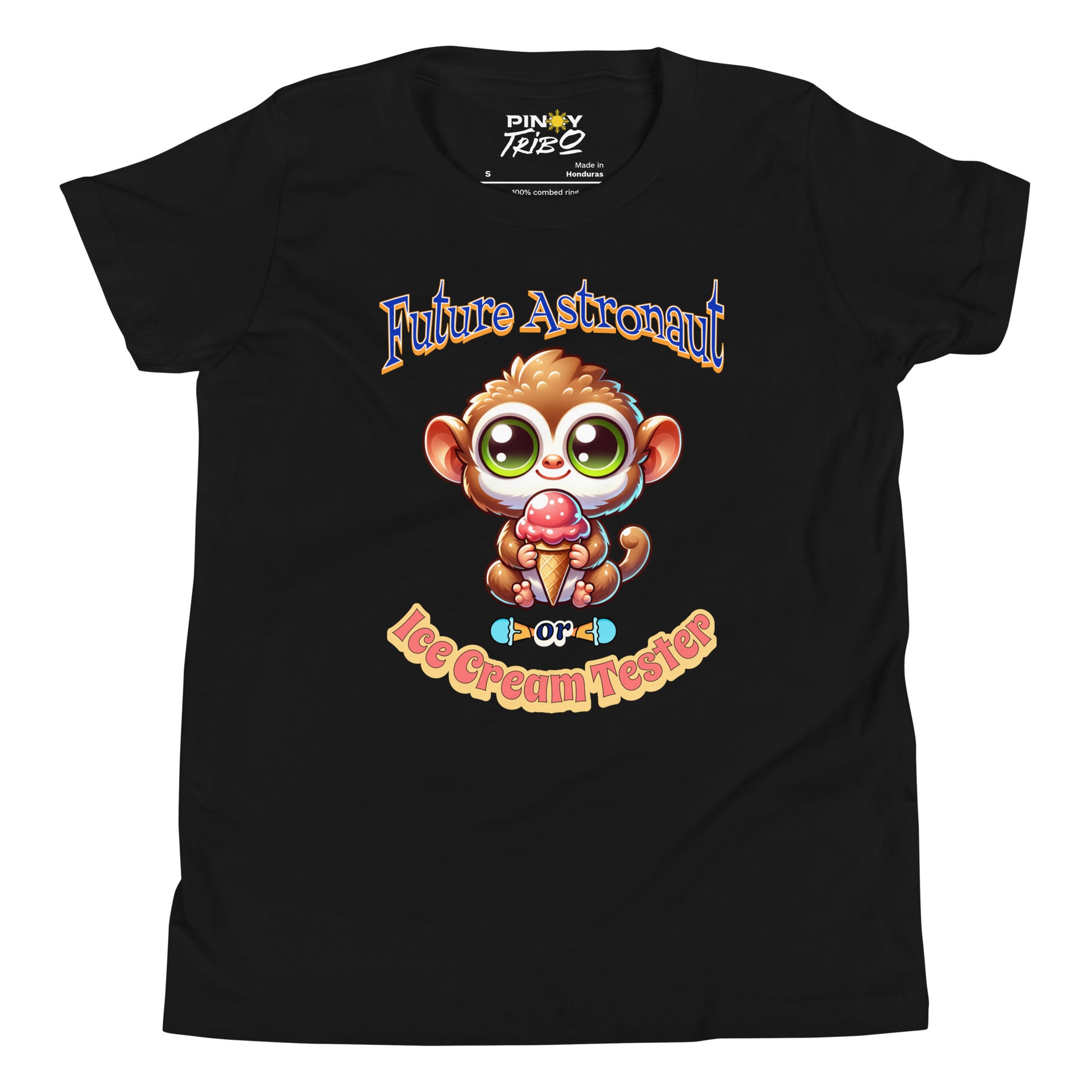 Cute cartoon Philippine tarsier named Taro holding an ice cream cone with “Future Astronaut or Ice Cream Tester” text on a youth t-shirt design.