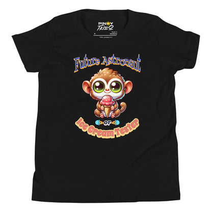 Cute cartoon Philippine tarsier named Taro holding an ice cream cone with “Future Astronaut or Ice Cream Tester” text on a youth t-shirt design.