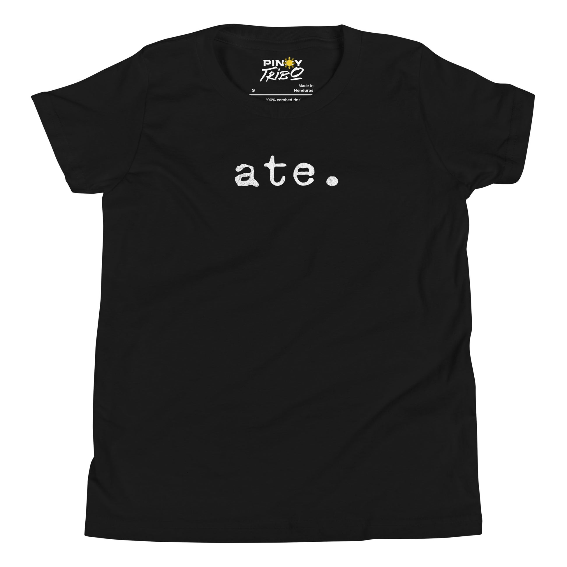 Minimalist white text “ate.” in a typewriter-style font on a youth t-shirt design.