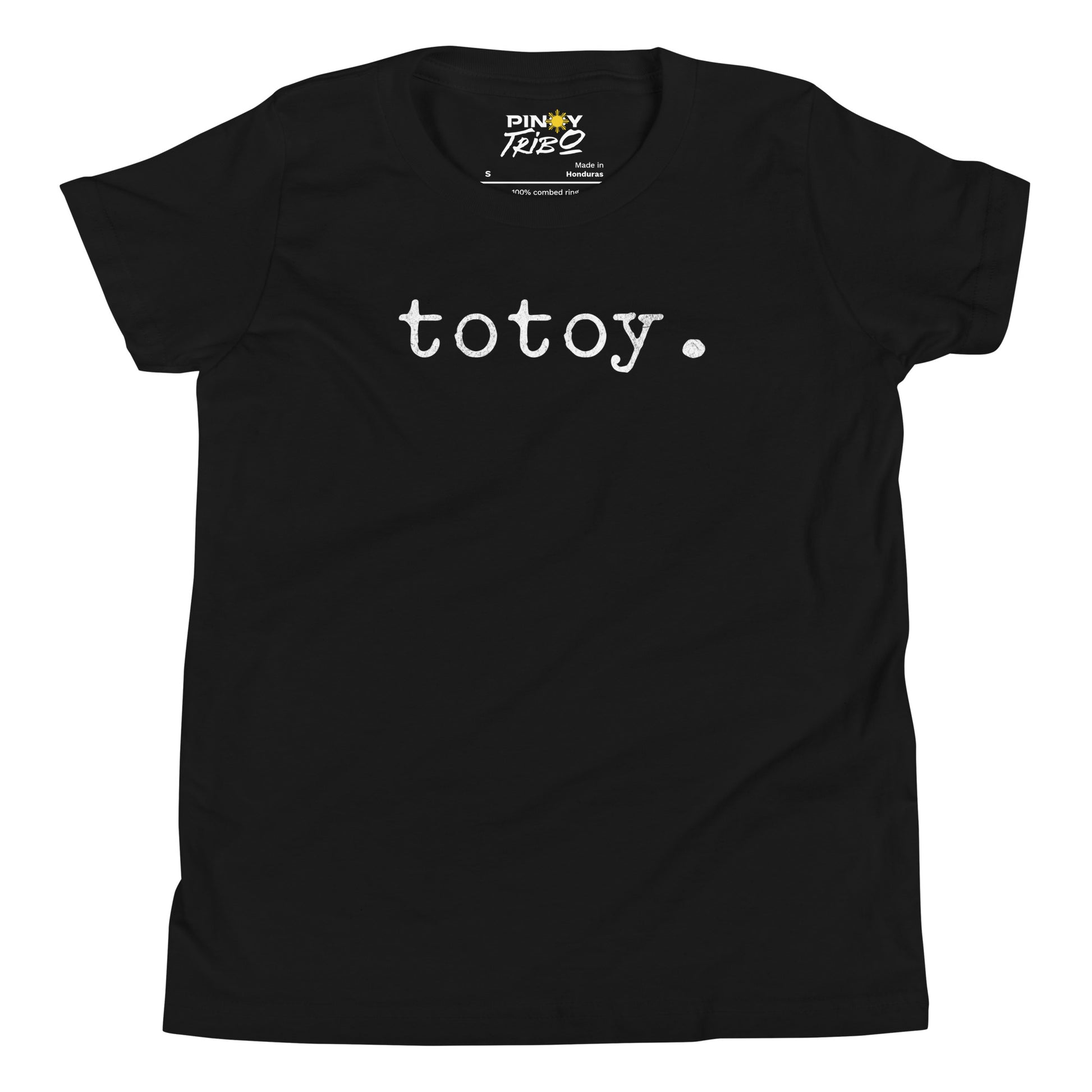 Minimalist white text “totoy.” in a typewriter-style font on a youth t-shirt design.