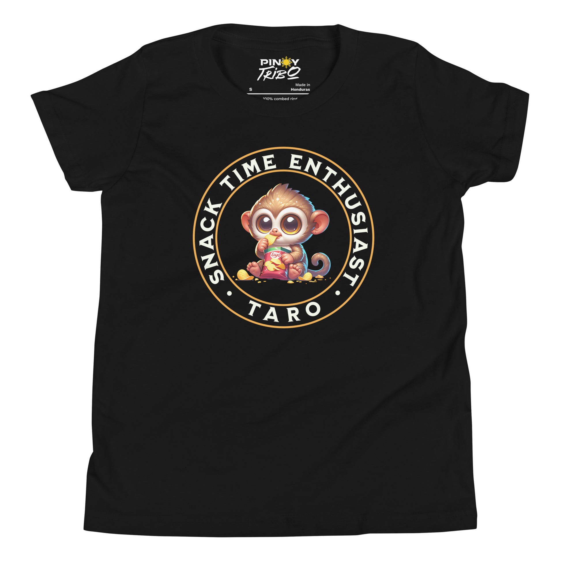 Cute cartoon Philippine tarsier named Taro eating chips with “Snack Time Enthusiast” text in a circular badge on a youth t-shirt design.