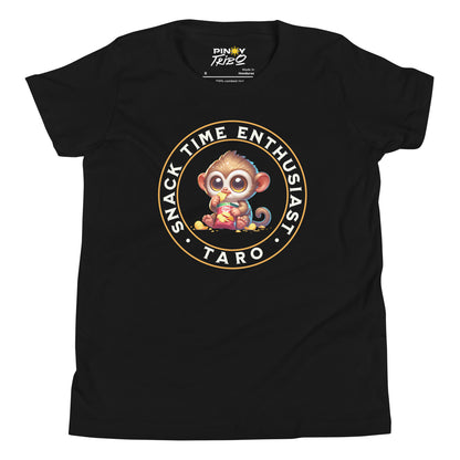 Cute cartoon Philippine tarsier named Taro eating chips with “Snack Time Enthusiast” text in a circular badge on a youth t-shirt design.