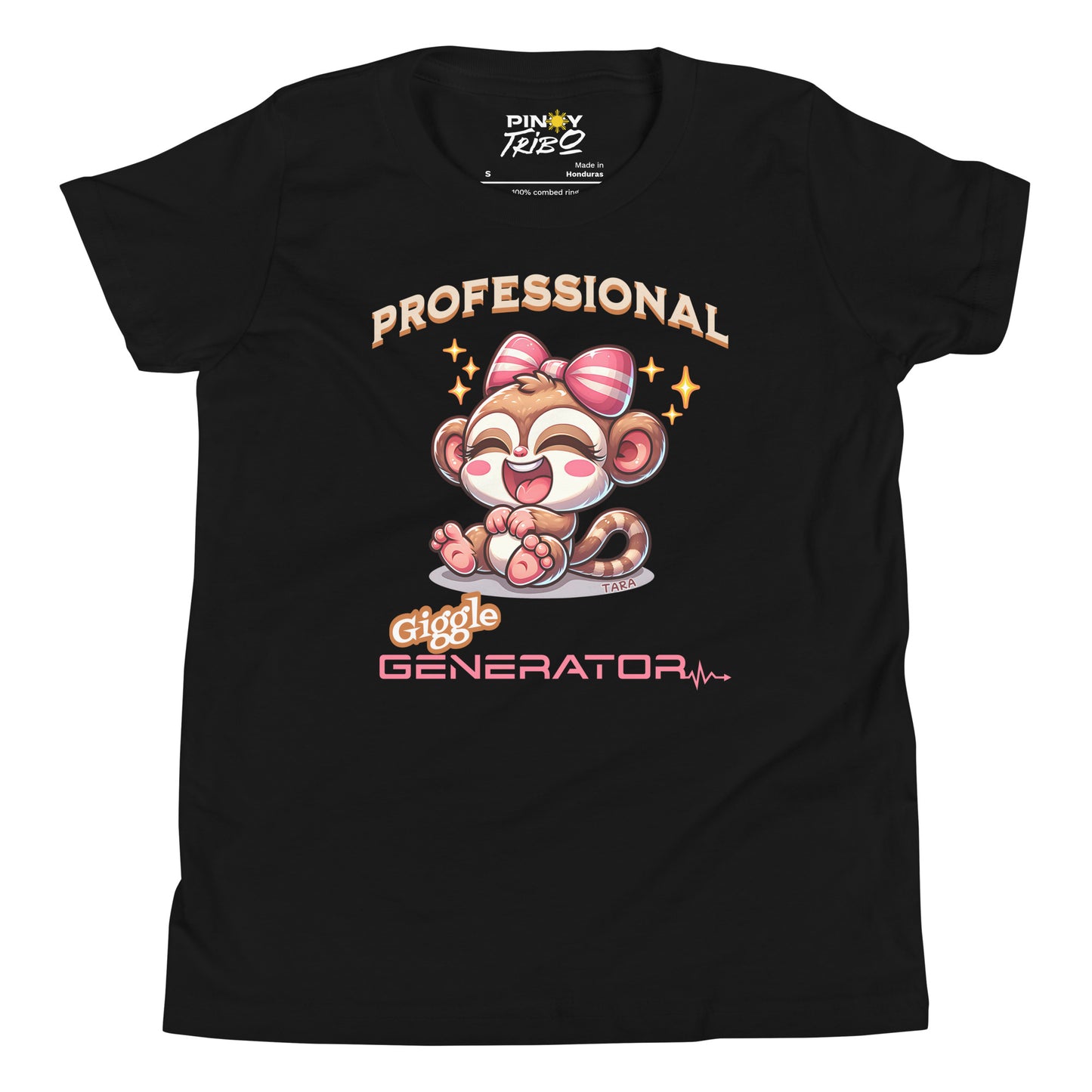 Cute cartoon Philippine tarsier named Tara with a big bow, smiling and laughing, with “Professional Giggle Generator” text on a youth t-shirt design.