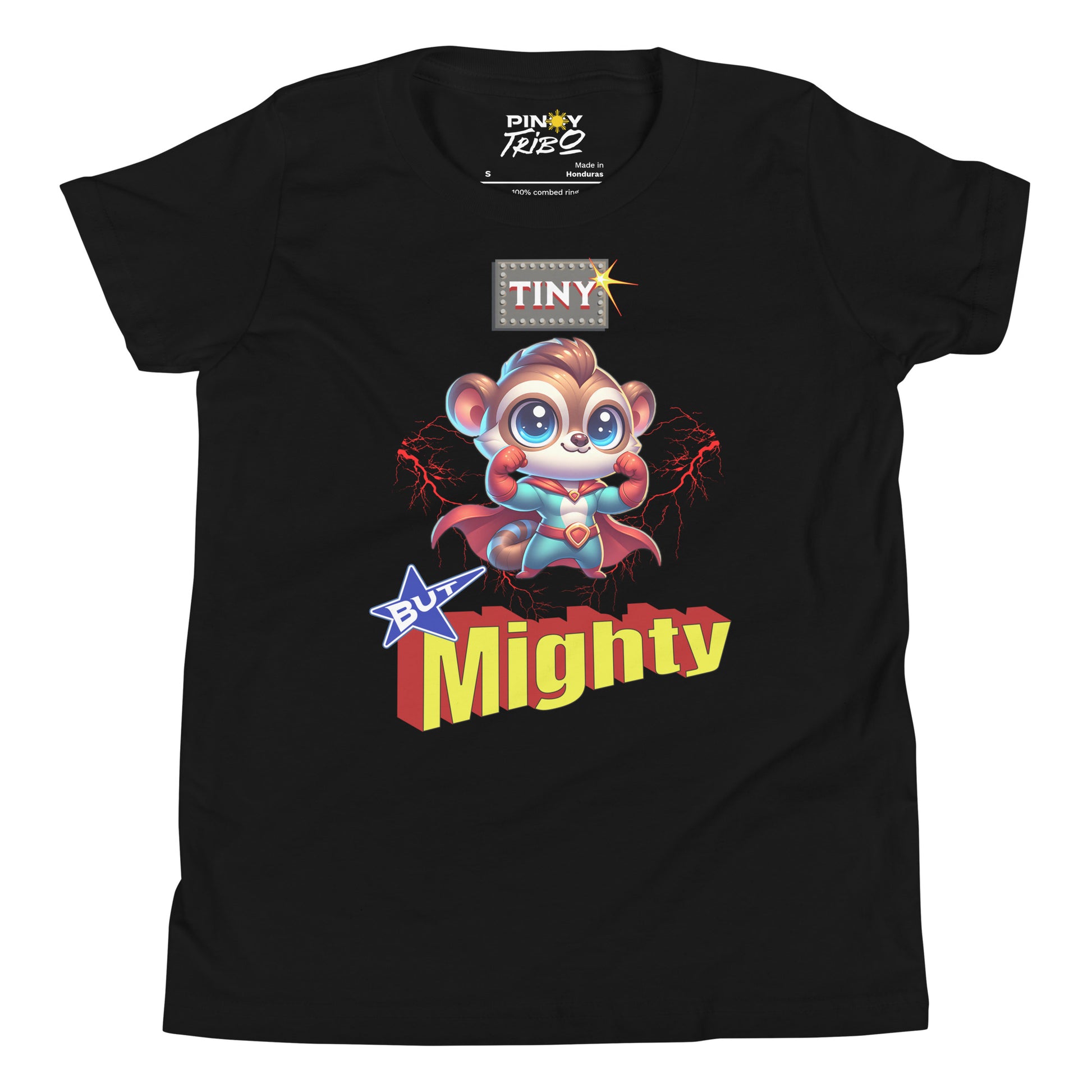 Cute cartoon Philippine tarsier dressed as a superhero with “Tiny But Mighty” text and lightning effects on a youth t-shirt design.