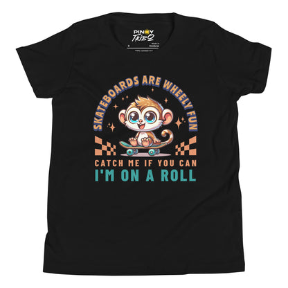 Cute cartoon Philippine tarsier riding a skateboard with playful text “Skateboards Are Wheely Fun,” “Catch Me If You Can,” and “I’m On a Roll” on a youth t-shirt design.